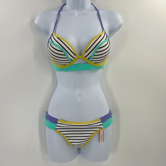 Victoria's Secret Women Size 32 C Hottie Banded Stripe Swimsuit Itsy Bikini S - Picture 1 of 15
